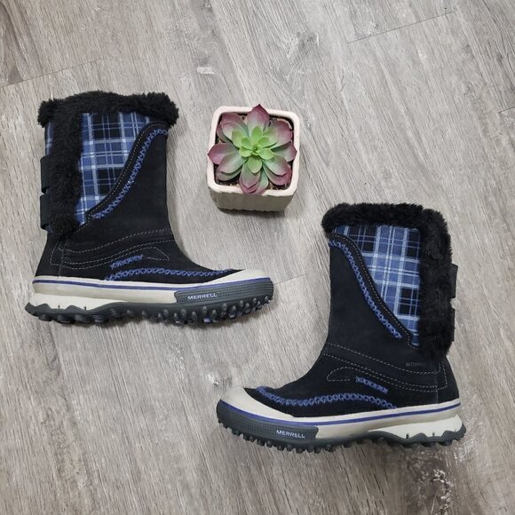 Merrell Women's Black and Blue Plaid Winter Boots - Picture 1 of 10